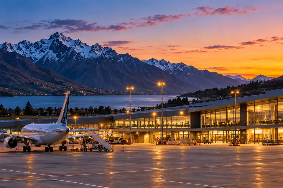 Illustrative airport terminal with a mountain backdrop at dusk