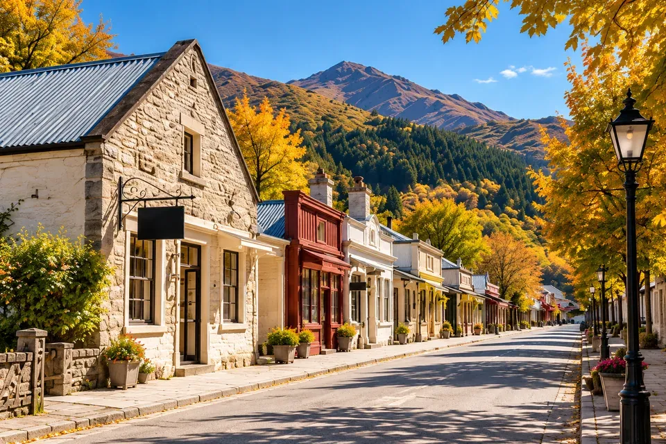 Illustration of Arrowtown heritage buildings and autumn trees