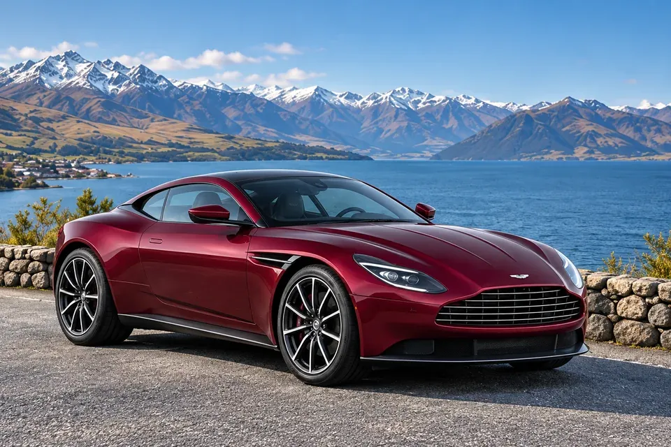 Illustration of the burgundy / red-purple Aston Martin DB11 in Queenstown