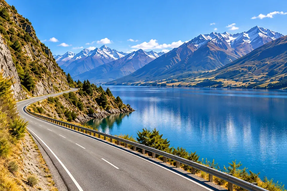 Illustration of a sealed lakeside road beside Lake Wakatipu