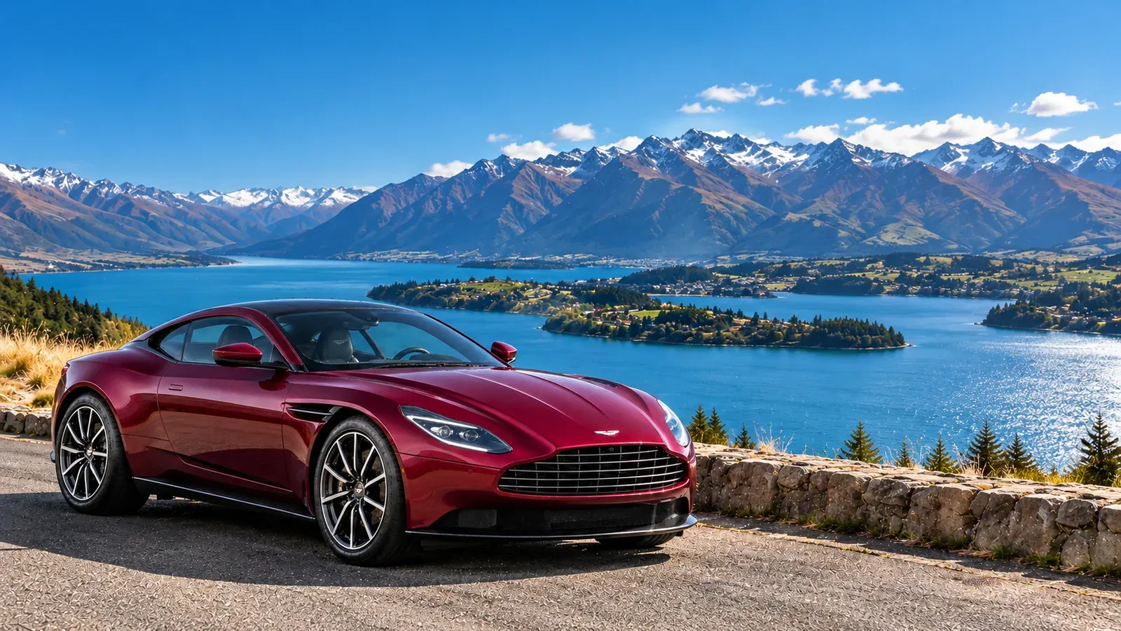Illustration of a burgundy Aston Martin DB11 overlooking Lake Wakatipu